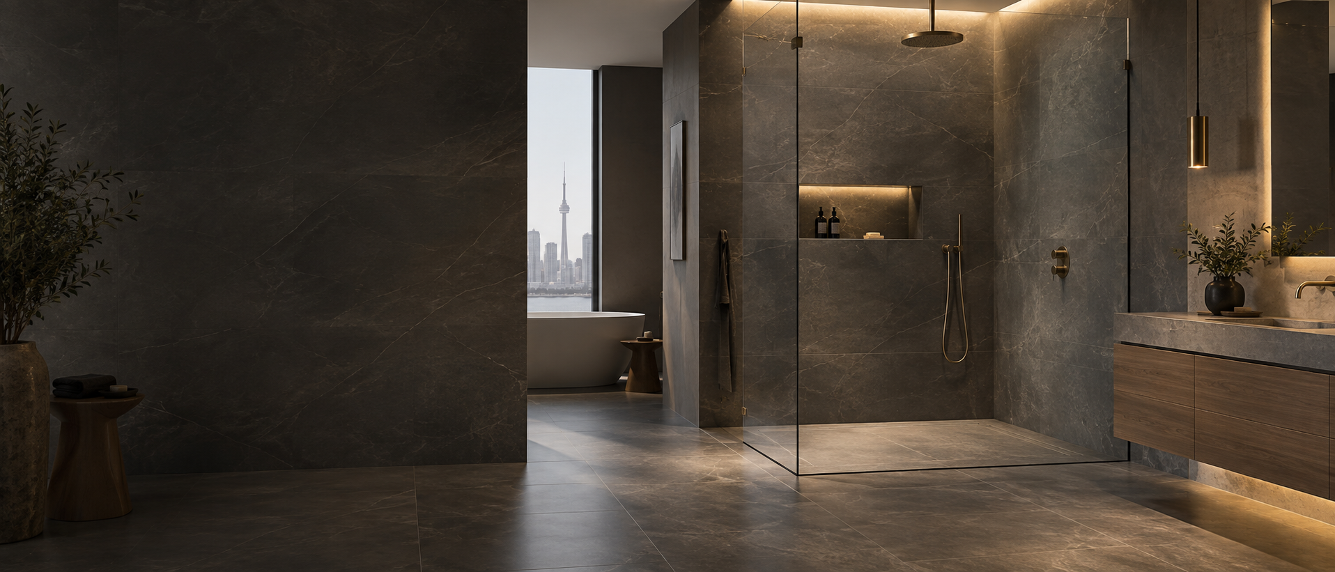 Modern large-format porcelain bathroom and custom shower by EM Tile in Toronto